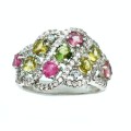 Deluxe Unheated Multi-Tourmaline, White Cubic Zirconia Solid. 925 Sterling Silver Ring Size 6.5