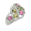 Deluxe Unheated Multi-Tourmaline, White Cubic Zirconia Solid. 925 Sterling Silver Ring Size 6.5