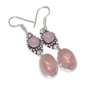 Natural Pink Rose Quartz, Pink Chalcedony Long Dangle Earrings .925 Silver