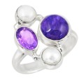6.70 cts Natural Siberian Charoite Purple Amethyst Pearl Solid .925 Silver Ring Size 7 or O