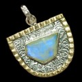 Two Tone Modern Setting Natural Rainbow Moonstone  Solid .925 Silver Pendant