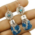 Natural K2 Granite with Blue Azurite and Blue Topaz Gemstone Solid .925 Sterling Silver Earrings