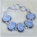 Antique Style Blue Chalcedony Oval Gemstone .925 Sterling Silver Bracelet