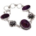 Natural Charoite Oval Gemstone with Floral Charm  925 Silver Handmade Bracelet