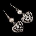 Natural White Pearl with Ornate Hearts Solid .925 Sterling Silver Earrings