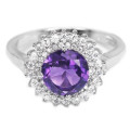 Natural Round Portuguese Cut Purple Amethyst,White Cz Solid .925 Silver Ring Size 8 or Q
