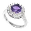 Natural Round Portuguese Cut Purple Amethyst,White Cz Solid .925 Silver Ring Size 8 or Q