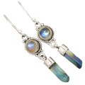 Natural Aqua Aura Quartz and Rainbow Moonstone Gemstone Solid .925 Sterling Silver Earrings