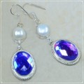 Handmade Madagascar Blue /Purple Fire Topaz and Pearl .925 Sterling Silver Earrings