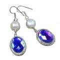 Handmade Madagascar Blue /Purple Fire Topaz and Pearl .925 Sterling Silver Earrings