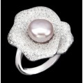 Deluxe Rose Natural Freshwater Creamy Pink Pearl, White Cubic Zirconia .925 Silver Size 7 or O