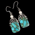 Indonesian Bali - Java Natural Copper Turquoise, White Pearl Gemstone .925 Sterling Silver Earrings
