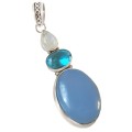 Handmade Natural Blue Chalcedony, Rainbow Moonstone .925  Silver Pendant