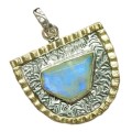 Two Tone Modern Setting Natural Rainbow Moonstone  Solid .925 Silver Pendant