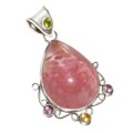 Genuine Rose Quartz with Needles and Mixed Gems in Solid .925 Sterling Silver + Free Chain