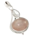 Dreamy Natural Rose Quartz, and White Pearl  in Solid .925 Sterling Silver Pendant