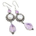 Handmade Antique Style White River Pearl and Pink Topaz Gemstone .925 Silver Earrings