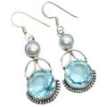 Natural Aquamarine, White Pearl Gemstone Solid .925 Sterling Silver Earrings