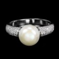 Elegant AAA Natural 9 mm White Pearl, Cr. Diamonds Solid .925 Sterling Silver Size 8 or Q