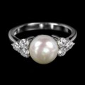 Natural 8 mm White Pearl,  Diamond Cut CZ Solid .925 Sterling Silver Size 6 or M