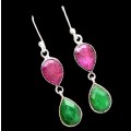 Exquisite Indian Red Ruby, Emerald Gemstone Solid .925 Sterling Silver Earrings
