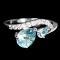 Natural Unheated Blue Topaz, White Cubic Zirconia Gemstone Solid .925 Silver Ring Size 7.25