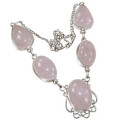 Larger Stones Natural Pink Rose Quartz Gemstone Necklace .925 Sterling Silver