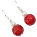 15.86 cts Stunning Natural Faceted Red Sponge Coral, White Pearl Solid .925 Silver Earrings