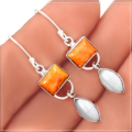 Natural Italian Coral, White Pearl Solid .925 Sterling Silver Earrings