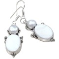 Handmade Natural Mother Of Pearl and White River Pearl .925 Sterling Silver Earrings