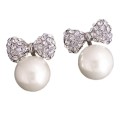 Elegant White Pearl and Crystal Bow Silver Plated Stud Earrings