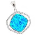 Blue Fire Opal, White Cubic Zirconia Gemstone Solid .925 Sterling Pendant