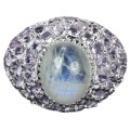 3.22 cts Natural Rainbow Moonstone, Purple Amethyst Solid .925 Silver Ring Size 8.5 or Q1/2
