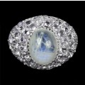 3.22 cts Natural Rainbow Moonstone, Purple Amethyst Solid .925 Silver Ring Size 8.5 or Q1/2