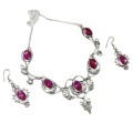 Indian Ruby Gemstone .925 Sterling Silver Necklace and Earrings Set