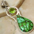 Natural Copper Green Turquoise and Peridot Pendant in Solid 925  Sterling Silver