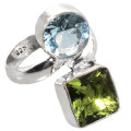 Handmade Peridot and Blue Topaz Gemstone .925 Silver Ring Size 6 or M