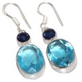 Rare Dainty Blue Topaz Oval and Sapphire Quartz Gemstone .925 Sterling Silver Earrings