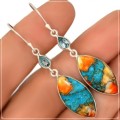 Natural Spiny Oyster Arizona Turquoise, Blue Topaz Solid .925 Sterling Silver Earrings