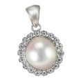 Deluxe Natural White Pearl, White CZ  Solid .925  Sterling Silver Pendant & Free Chain