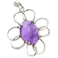 Whimsical Floral Purple Amethyst Cabochon Gemstone Solid .925 Sterling Silver Pendant