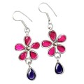 Natural Heated Pink Red Ruby, Sapphire Floral Gemstone Earrings in Solid .925 Sterling Silver