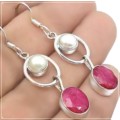 Natural Indian Ruby and Pearl Gemstone Solid .925 Sterling Silver Earrings