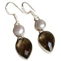 Handmade Smoky Topaz and White River Pearl Gemstone 925 Silver Dangle Earrings