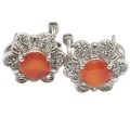 Natural Orange Fire Opal  and AAA White Cubic Zirconia Gemstone Solid .925 Sterling Silver Earrings