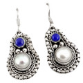 Natural White Pearl, Lapis Lazuli Gemstone Solid .925  Sterling Silver Earrings