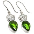 Handmade Peridot Pear Gemstone with Floral Accent .925 Sterling Silver Earrings