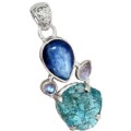 Natural Kyanite, Rainbow Moonstone, Neon Blue Apatite  Gemstone .925 Sterling Silver Kyanite Pendant