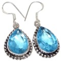 Antique Style Swiss Blue Topaz Gemstone .925 Silver Plated Earrings