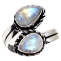 Trendy Natural Rainbow Moonstone Pear Adjustable .925 Silver Ring
